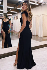 Black Sparkly Sheath Corset Prom Dress with Slit Gowns, Black Sparkly Sheath Prom Dress with Slit