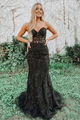 Black Strapless Corset Prom Dress with Appliques Gowns, Black Strapless Prom Dress with Appliques