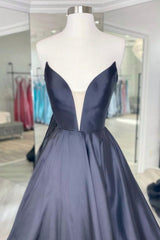 Black Strapless Satin Long Corset Prom Dress, Black A-Line Evening Dress outfit, Prom Dress Sites
