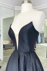Black Strapless Satin Long Corset Prom Dress, Black A-Line Evening Dress outfit, Prom Dresses Affordable