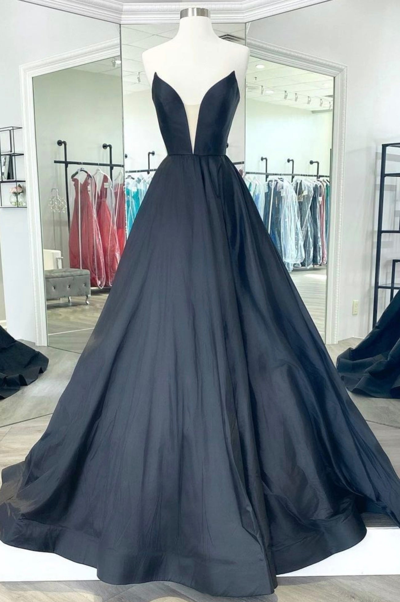 Black Strapless Satin Long Corset Prom Dress, Black A-Line Evening Dress outfit, Prom Dresses Sites