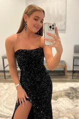 Black Strapless Sequins Corset Prom Dress with Slit Gowns, Black Strapless Sequins Prom Dress with Slit