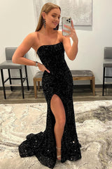 Black Strapless Sequins Corset Prom Dress with Slit Gowns, Black Strapless Sequins Prom Dress with Slit
