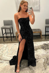 Black Strapless Sequins Corset Prom Dress with Slit Gowns, Black Strapless Sequins Prom Dress with Slit