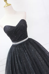 Black Strapless Shiny Tulle Tea Length Corset Prom Dress, Black A-Line Corset Homecoming Dress outfit, Wedding Shoes