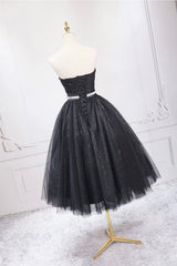 Black Strapless Shiny Tulle Tea Length Corset Prom Dress, Black A-Line Corset Homecoming Dress outfit, Party Dress