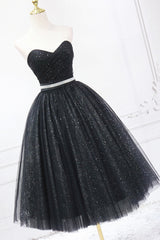 Black Strapless Shiny Tulle Tea Length Corset Prom Dress, Black A-Line Corset Homecoming Dress outfit, Graduation Dress