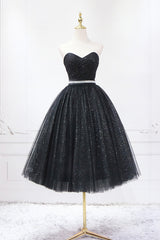 Black Strapless Shiny Tulle Tea Length Corset Prom Dress, Black A-Line Corset Homecoming Dress outfit, White Dress