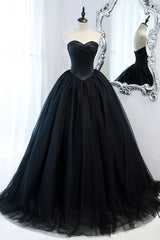 Black Strapless Tulle Long A-Line Corset Prom Dress, Black Corset Formal Evening Gown outfits, Graduation Outfit
