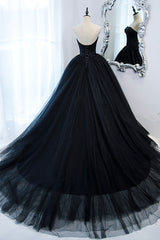 Black Strapless Tulle Long A-Line Corset Prom Dress, Black Corset Formal Evening Gown outfits, Little Black Dress