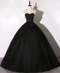 Black Sweetheart Neck Tulle Long Corset Prom Dress Black Evening Dress outfit, Evening Dress For Wedding