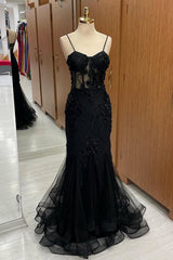 Black Sweetheart Straps Mermaid Appliques Tulle Long Corset Prom Dress outfits, Bridesmaid Dress Fall Wedding