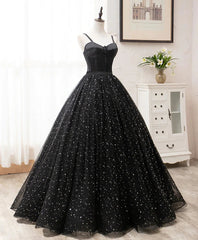 Black Sweetheart Straps Tulle Long Evening Gown, Sleeveless Floor-Length Corset Prom Dresses outfit, Prom Dress Sleeve