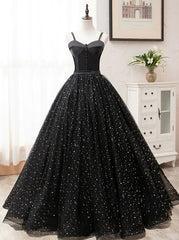 Black Sweetheart Straps Tulle Long Evening Gown, Sleeveless Floor-Length Corset Prom Dresses outfit, Long Dress Outfit