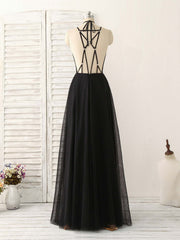 Black Tulle Backless Long Corset Prom Dress, Black Evening Dress outfit, Cute Dress Outfit