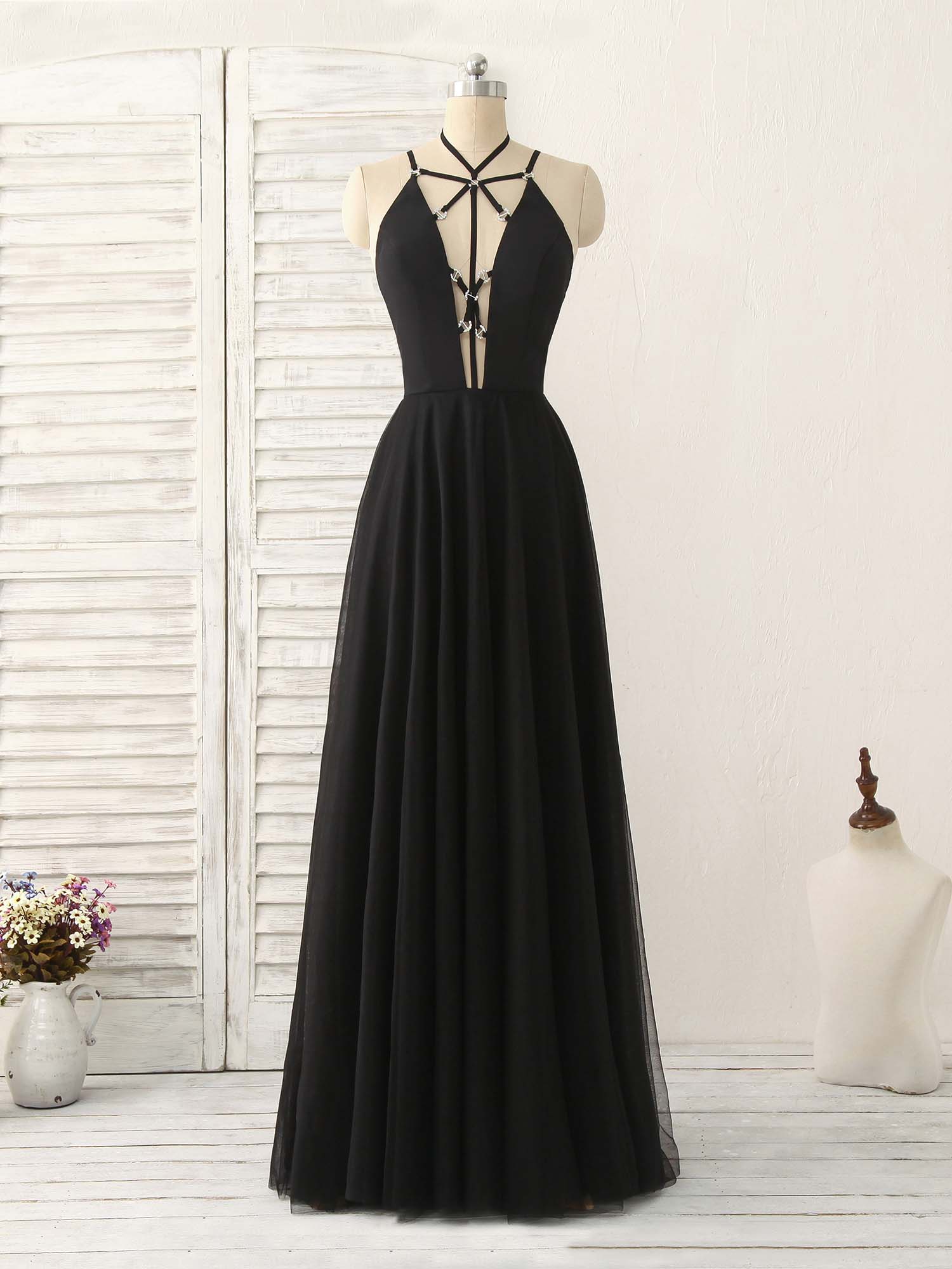 Black Tulle Backless Long Corset Prom Dress, Black Evening Dress outfit, Long Black Dress
