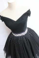 Black Tulle Beaded Short Corset Prom Dress, Off Shoulder Evening Party Dress Outfits, Prom Gown