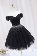 Black Tulle Beaded Short Corset Prom Dress, Off Shoulder Evening Party Dress Outfits, Flower Dress