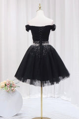 Black Tulle Beaded Short Corset Prom Dress, Off Shoulder Evening Party Dress Outfits, Nice Dress