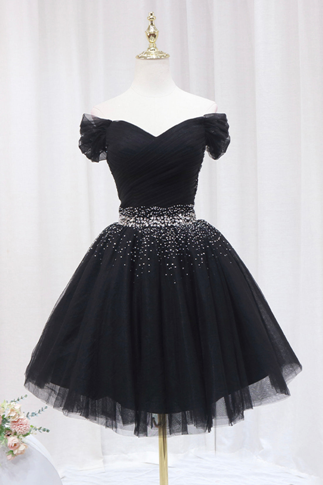 Black Tulle Beaded Short Corset Prom Dress, Off Shoulder Evening Party Dress Outfits, Bridal Dress