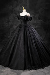 Black Tulle Floor Length A-Line Corset Prom Dress, Off the Shoulder Evening Party Dress Outfits, Prom Dressed Ball Gown
