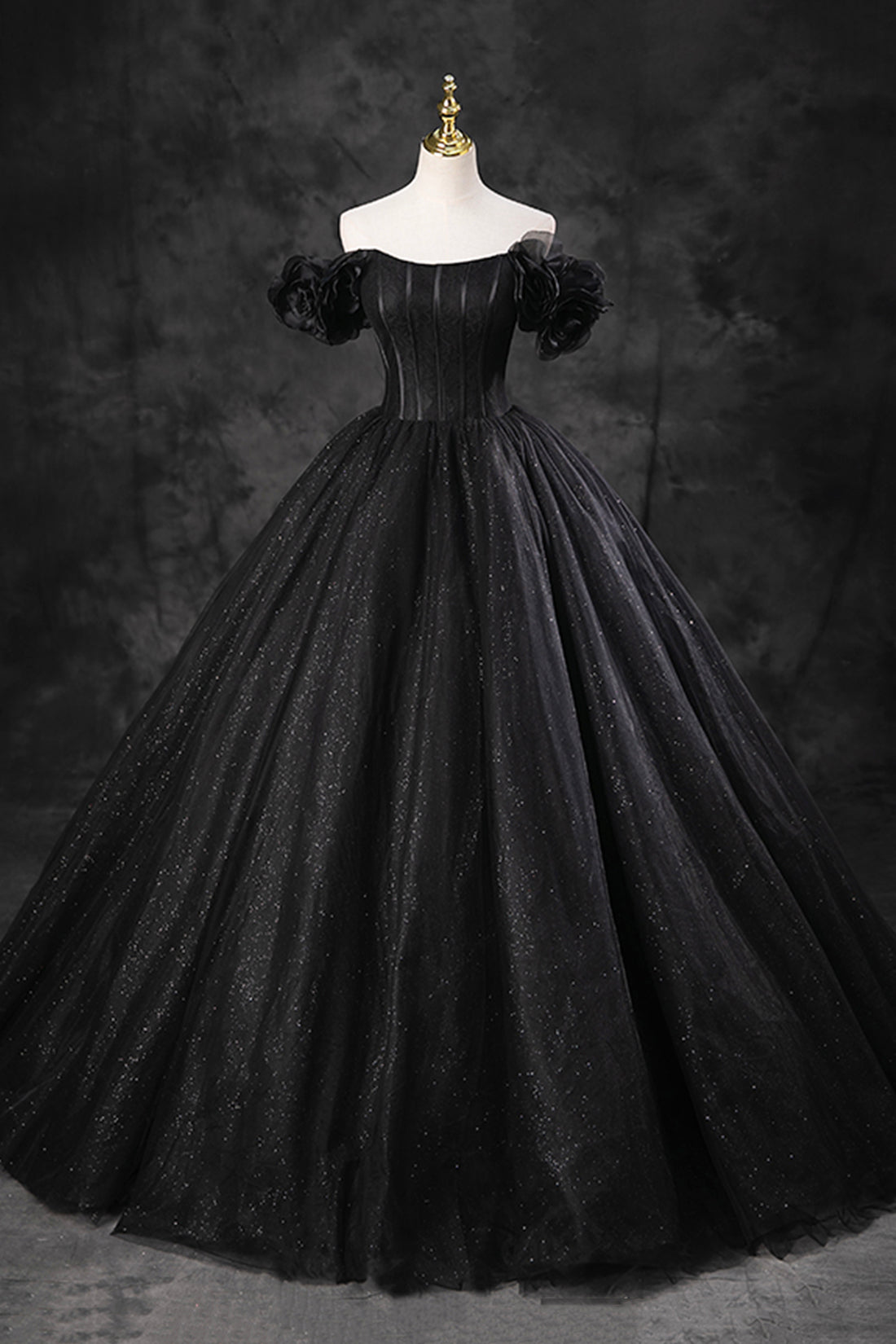 Black Tulle Floor Length A-Line Corset Prom Dress, Off the Shoulder Evening Party Dress Outfits, Prom Dress Places Near Me