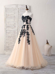 Black Tulle Lace Applique Long Corset Prom Dress, Black Evening Dress outfit, Bridesmaids Dresses Idea