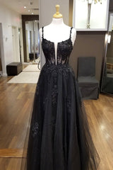 Black Tulle Lace Long Corset Prom Dress, A-Line Spaghetti Straps Evening Dress outfit, Homecomming Dresses Short