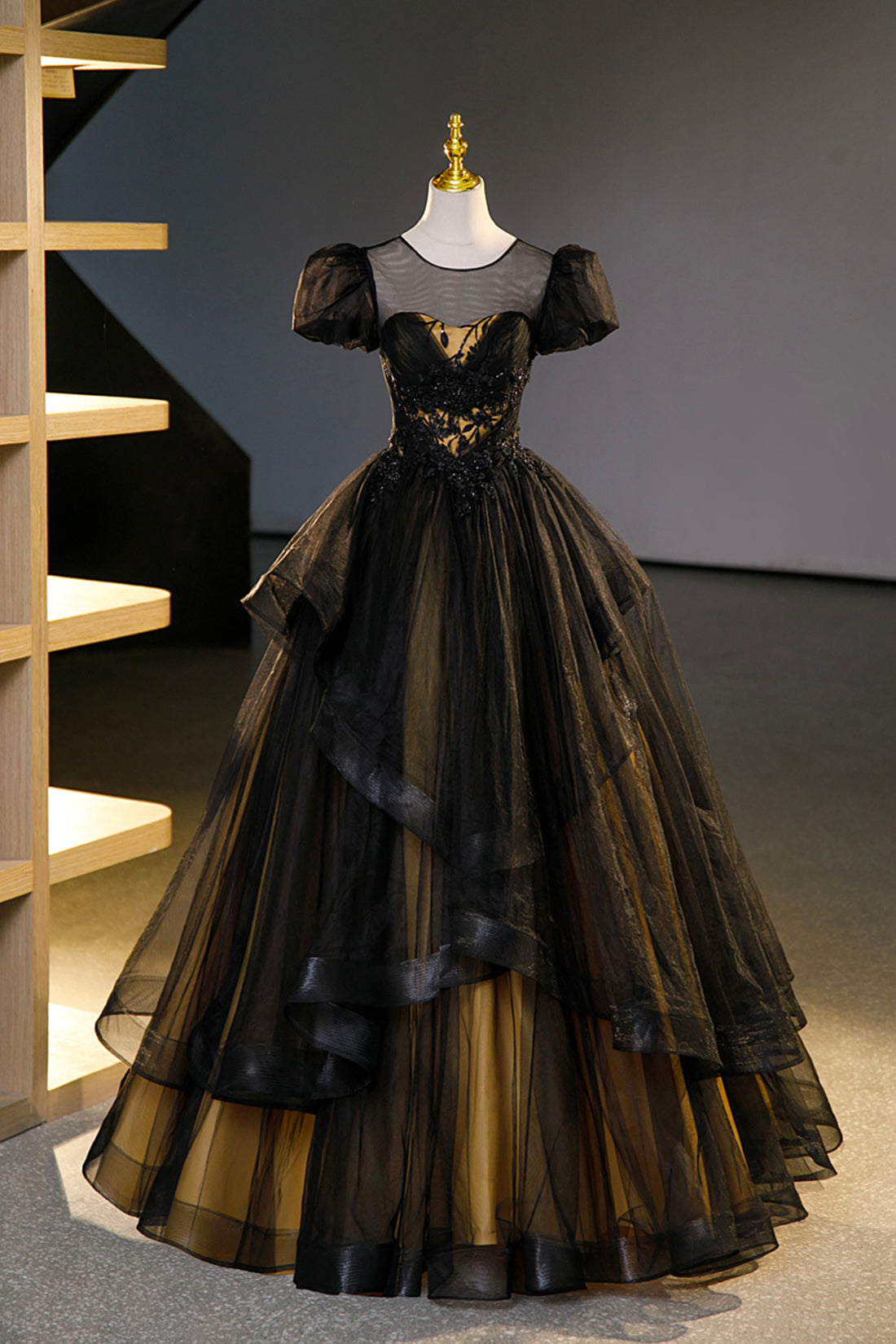 Black Tulle Lace Long Corset Prom Dresses, Black Short Sleeve Evening Dresses outfit, Bridesmaid Dresses Color Palette