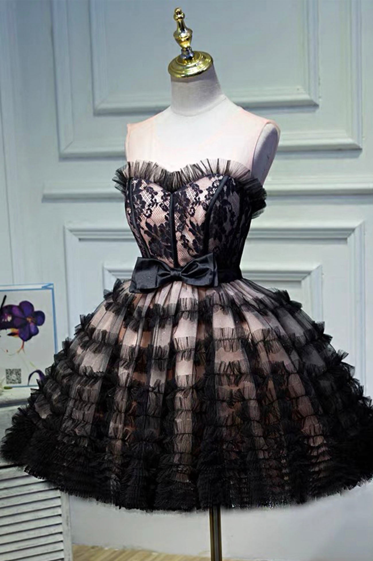 Black Tulle Lace Short Corset Prom Dress, A-Line Black Corset Homecoming Dress outfit, Prom Dress Pink