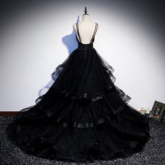 Black Tulle Layers Straps Beaded Long Evening Dress, Black Corset Formal Dress Corset Prom Dress outfits, Bridesmaids Dress Designers
