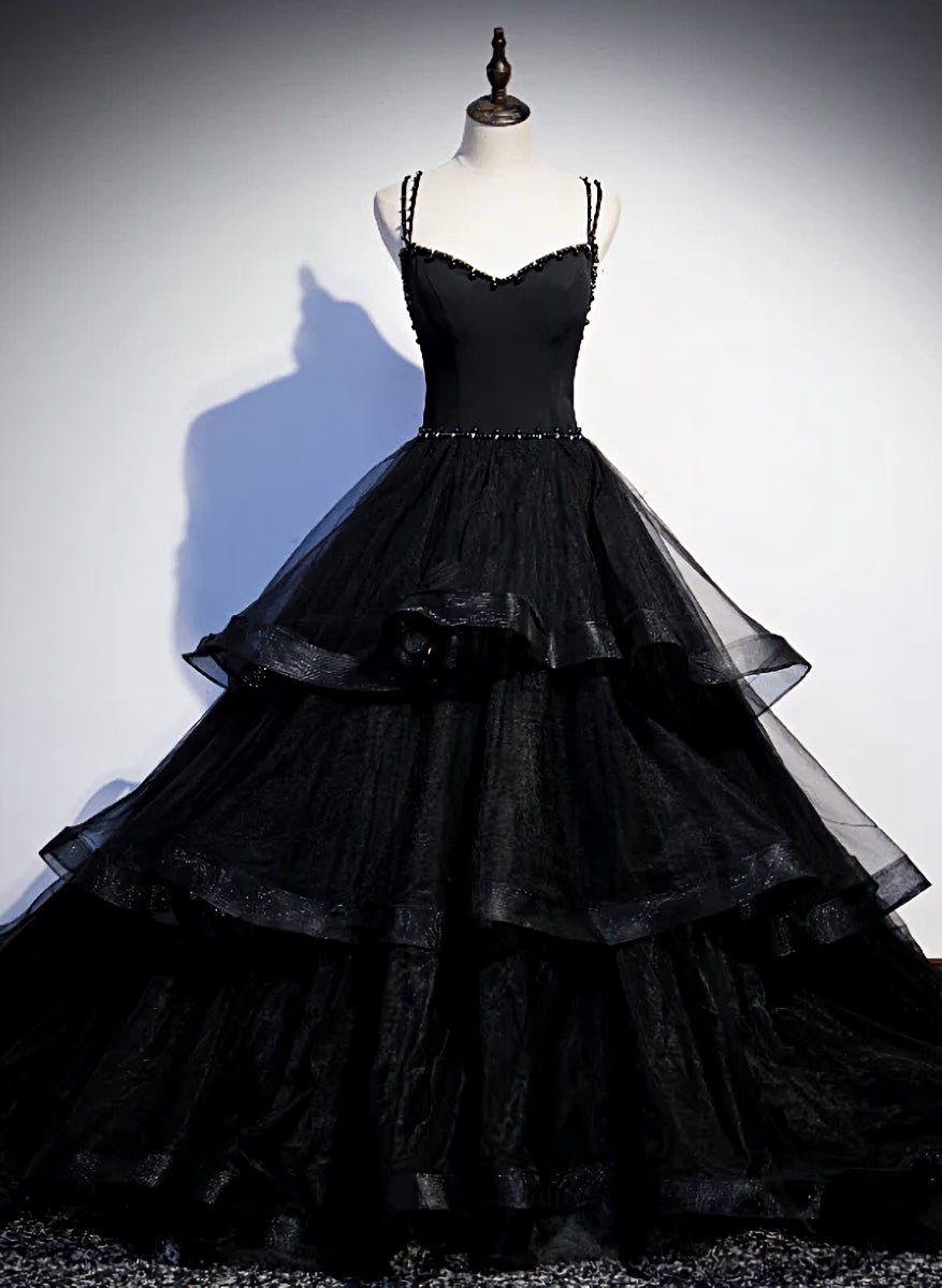 Black Tulle Layers Straps Beaded Long Evening Dress, Black Corset Formal Dress Corset Prom Dress outfits, Bridesmaids Dress Cheap