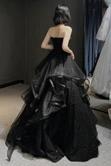 Black Tulle Long A-Line Corset Prom Dress,Ball Dresses with Ruffles Gowns, Small Wedding Ideas
