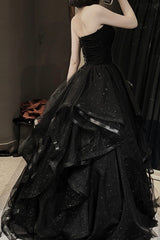 Black Tulle Long A-Line Corset Prom Dress,Ball Dresses with Ruffles Gowns, Plu Size Wedding Dress