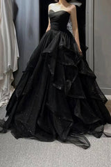 Black Tulle Long A-Line Corset Prom Dress,Ball Dresses with Ruffles Gowns, Bridesmaids Dresses Lavender
