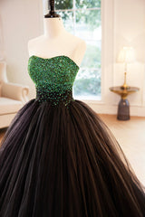 Black Tulle Long Corset Formal Dress with Green Beaded, Black Strapless Corset Prom Dress outfits, Unique Wedding Dress