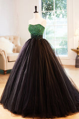 Black Tulle Long Corset Formal Dress with Green Beaded, Black Strapless Corset Prom Dress outfits, Elegant Prom Dress
