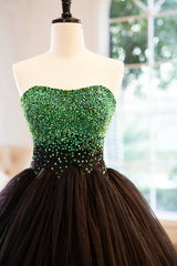 Black Tulle Long Corset Formal Dress with Green Beaded, Black Strapless Corset Prom Dress outfits, Prom Dress Long