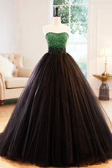 Black Tulle Long Corset Formal Dress with Green Beaded, Black Strapless Corset Prom Dress outfits, Midi Dress