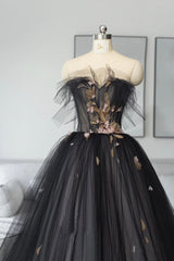 Black Tulle Long Corset Prom Dress, Black A-Line Strapless Evening Dress outfit, Homecoming Dresses Styles