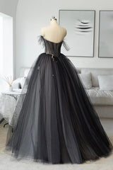 Black Tulle Long Corset Prom Dress, Black A-Line Strapless Evening Dress outfit, Homecoming Dress Styles