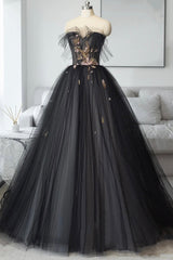 Black Tulle Long Corset Prom Dress, Black A-Line Strapless Evening Dress outfit, Homecoming Dresses Style