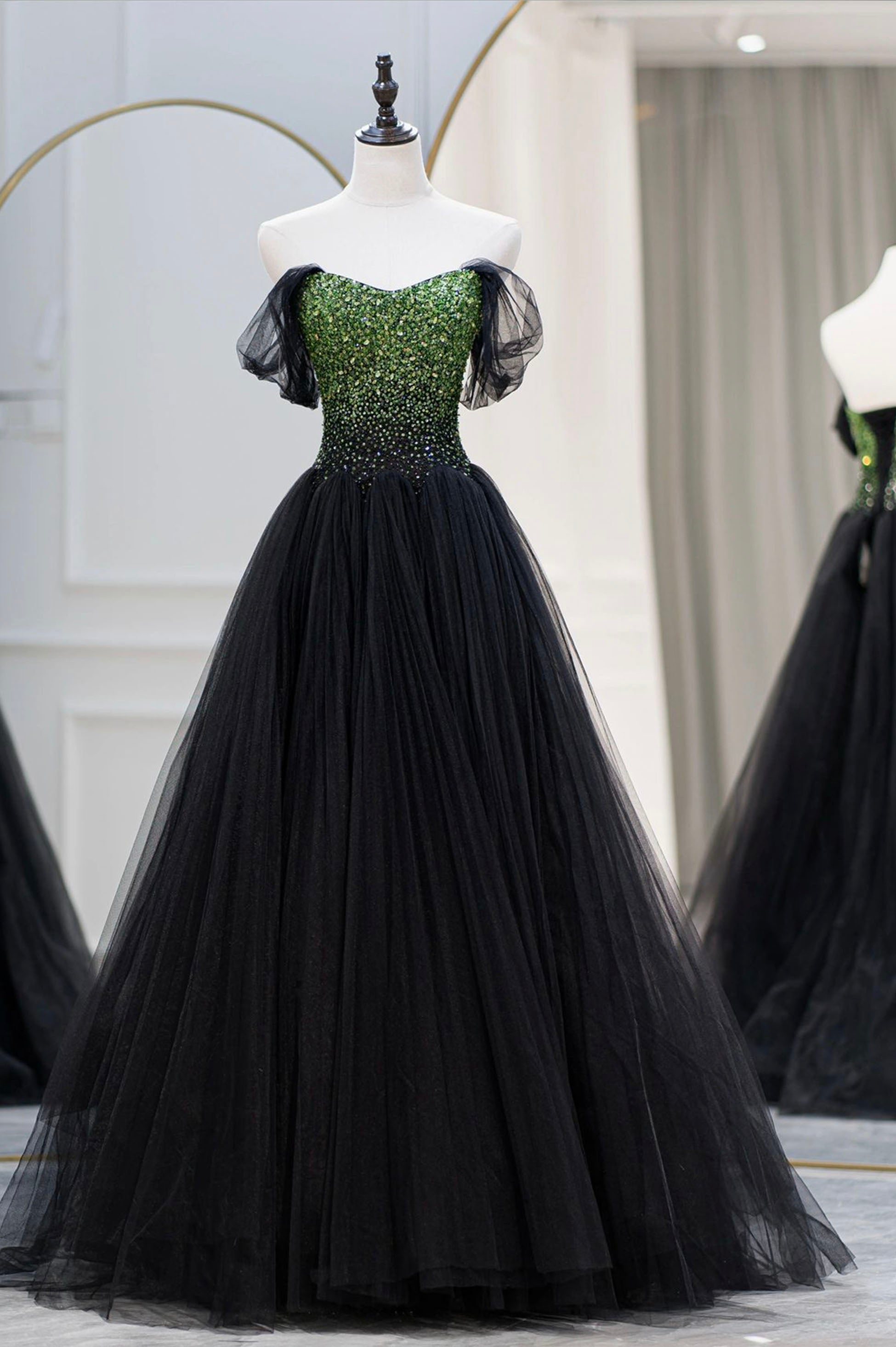 Black Tulle Long Corset Prom Dress with Beaded, Off the Shoulder Corset Formal Evening Dress outfit, Chiffon Dress