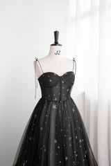 Black Tulle Long Corset Prom Dress with Stars, Cute Spaghetti Straps Graduation Dress outfits, Homecoming Dress Floral