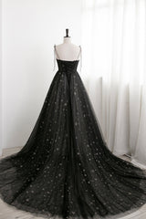 Black Tulle Long Corset Prom Dress with Stars, Cute Spaghetti Straps Graduation Dress outfits, Homecomming Dresses Floral