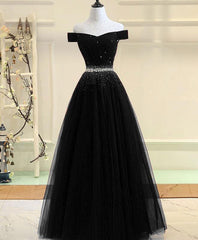 Black Tulle Off Shoulder Beaded Party Dress , Black New Dress for Party Gowns, Homecoming Dresses Green