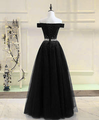 Black Tulle Off Shoulder Beaded Party Dress , Black New Dress for Party Gowns, Homecoming Dresses Short Tight