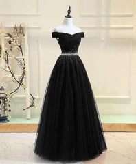 Black Tulle Off Shoulder Beaded Party Dress , Black New Dress for Party Gowns, Homecoming Dresses Tight Short