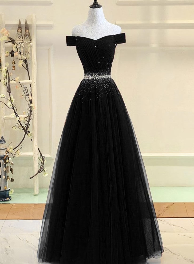 Black Tulle Off Shoulder Beaded Party Dress , Black New Dress for Party Gowns, Homecomming Dresses Green