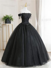 Black Tulle Off Shoulder Lace Long Corset Prom Dress, Black Evening Dress outfit, Yellow Dress
